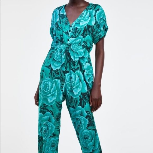 Zara Floral Botanical Rose Motif Teal / Emerald Jumper - Picture 4 of 9